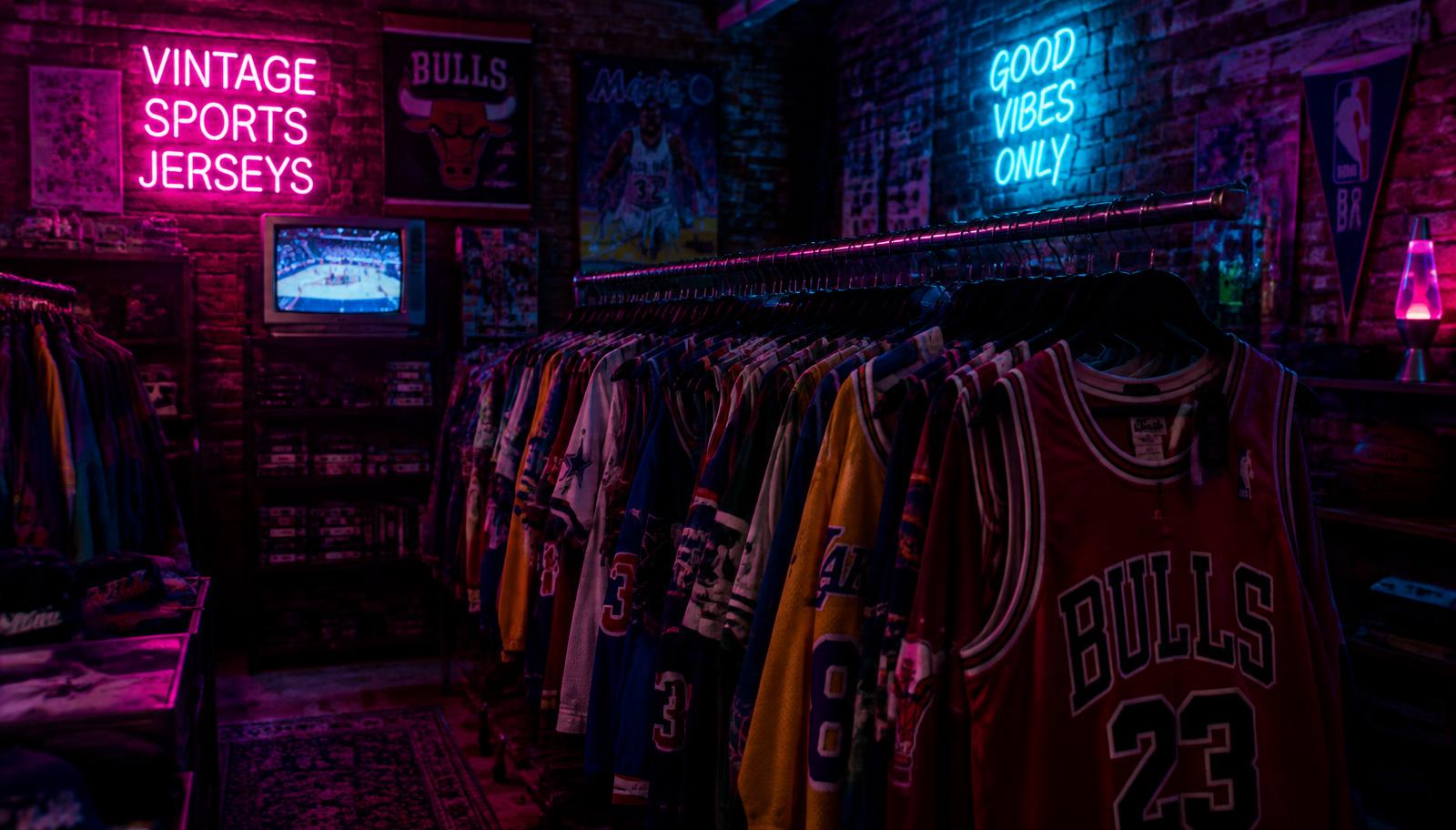 Racks of jerseys under neon lights